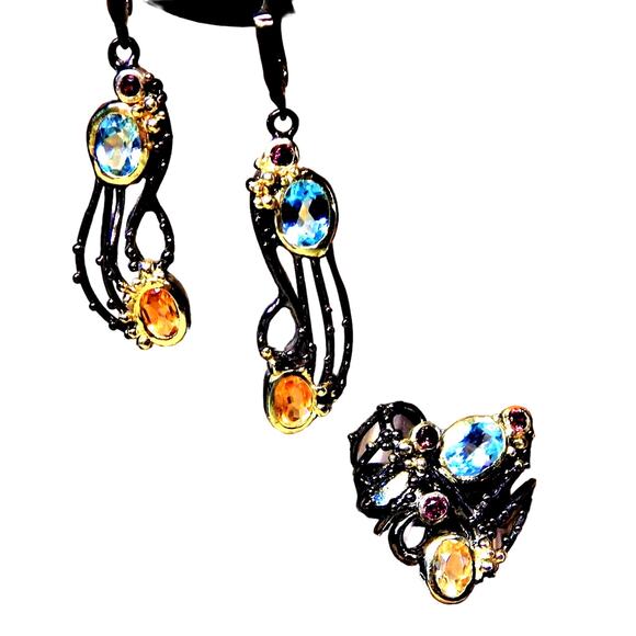 BoHo Bl-Topaz/Citrine/Rhodolite Ring & Earring - Picture 1 of 8